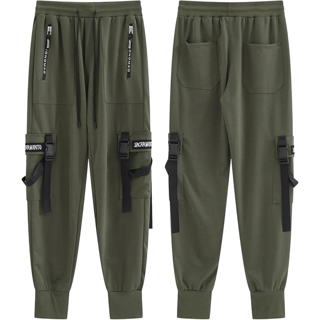 Premium men's techwear joggers, showcasing multi-pockets and a sleek design for contemporary urban style.