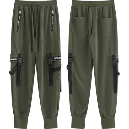 Premium men's techwear joggers, showcasing multi-pockets and a sleek design for contemporary urban style.