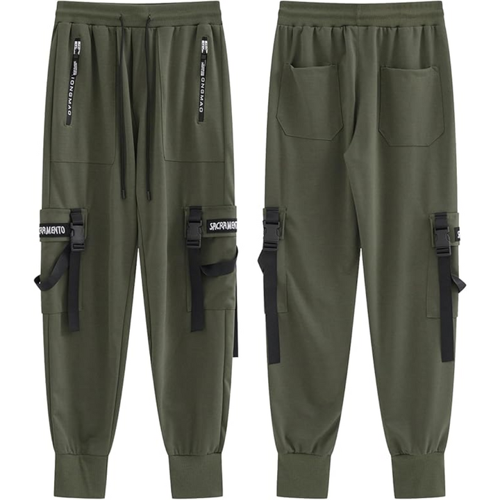 Premium men's techwear joggers, showcasing multi-pockets and a sleek design for contemporary urban style.