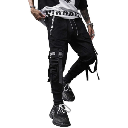 Stylish black techwear joggers for men, featuring a harem fit and functional multi-pocket design.