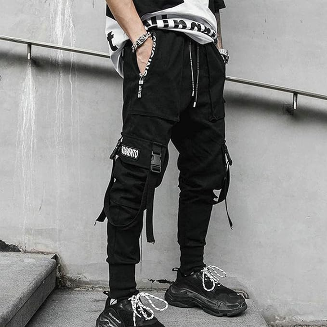 Men's multi-pocket joggers, blending tactical utility with a relaxed harem fit for ultimate streetwear appeal.