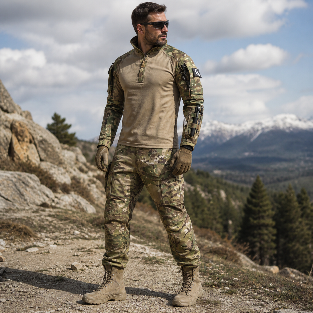 Men's tactical two-piece outfit for outdoor adventures, water repellent and lightweight performance.