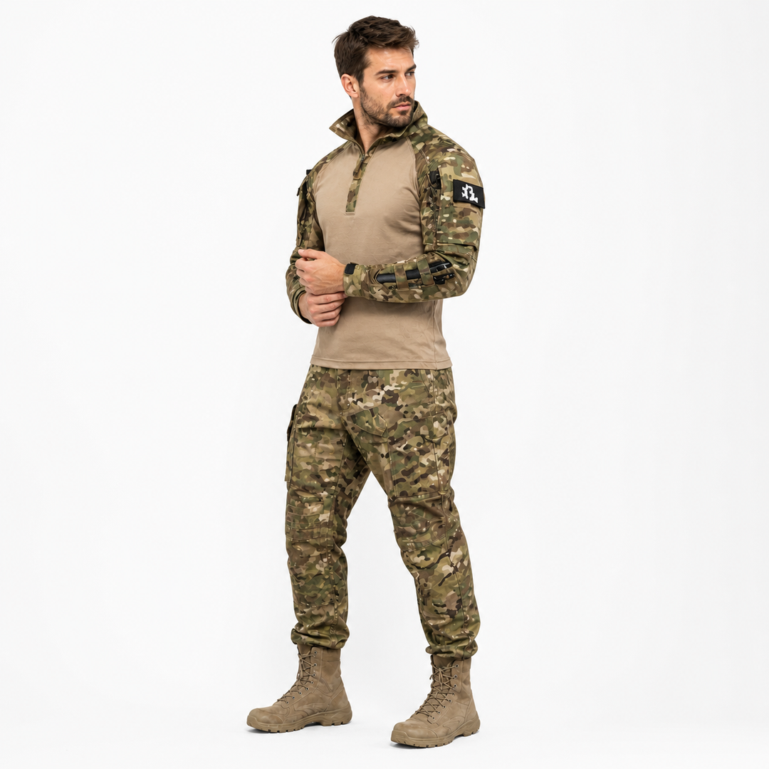 Durable men's tactical casual set, ideal for hiking, featuring water-repellent activewear fabric.