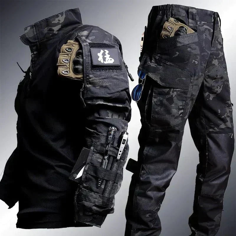 Men's performance tactical casual set, two-piece, for comfortable all-weather outdoor hiking.