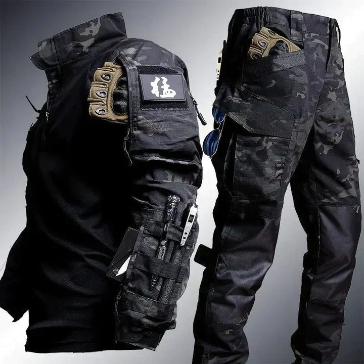 Men's performance tactical casual set, two-piece, for comfortable all-weather outdoor hiking.