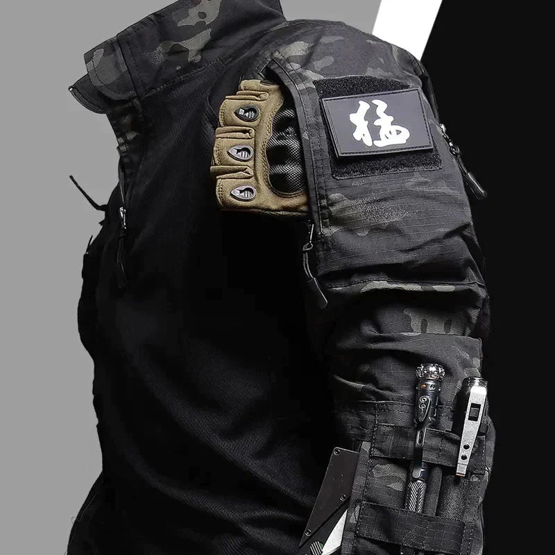 All-weather men's tactical two-piece outfit, lightweight and water-repellent, perfect for activewear.