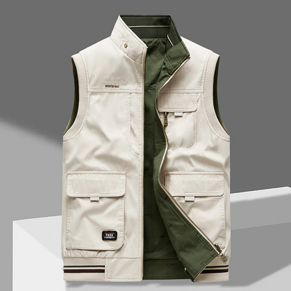 Rugged men's tactical vest for outdoor adventures, fishing, hiking. Multi-pocket design, casual workwear style.