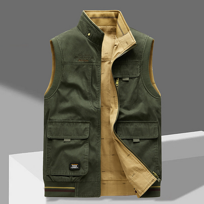 Durable men's cotton utility vest with multiple pockets. Ideal adventure gear, versatile for travel & work.