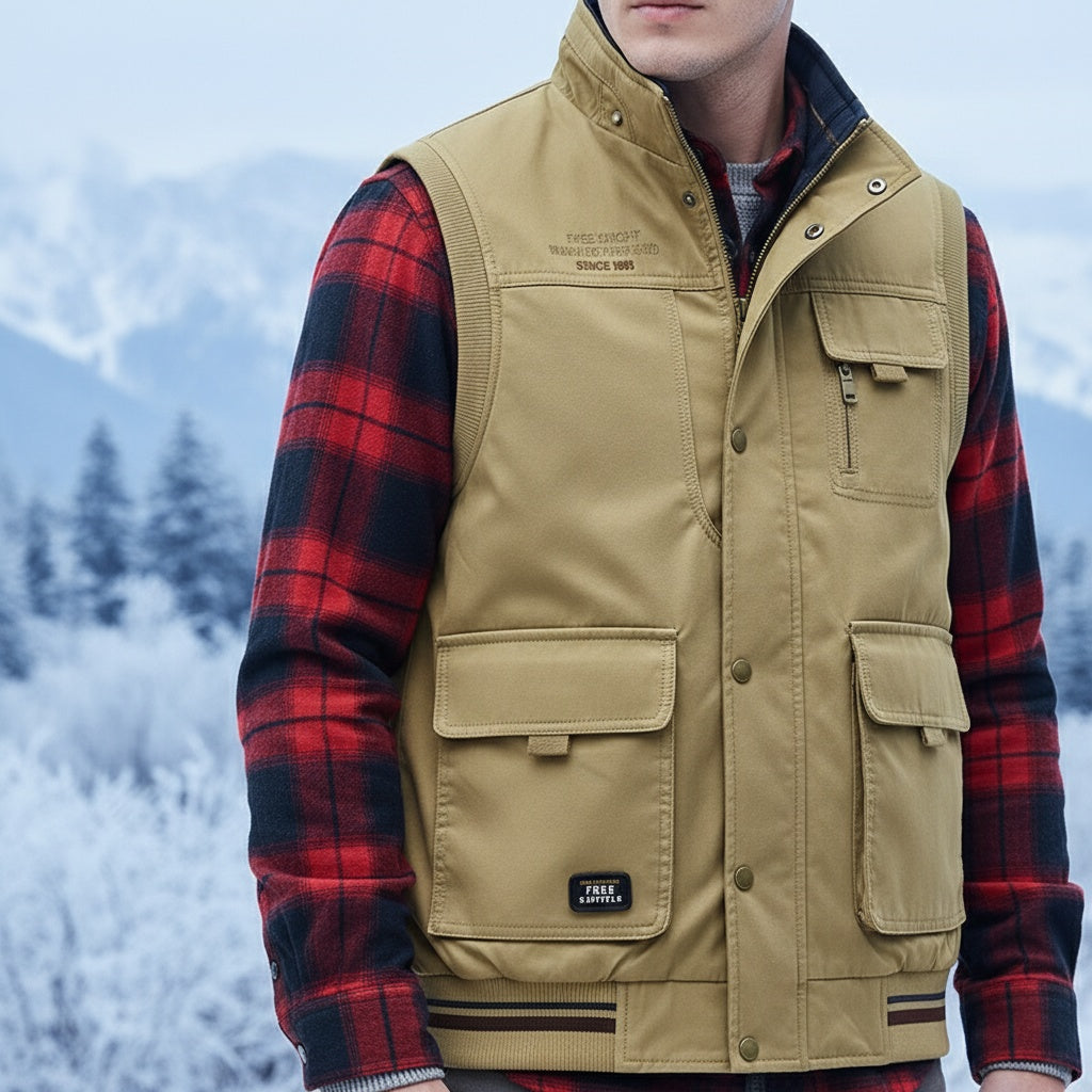 Men's adventure-ready multi-pocket utility vest. Cotton, rugged for hiking, photography, or casual wear.