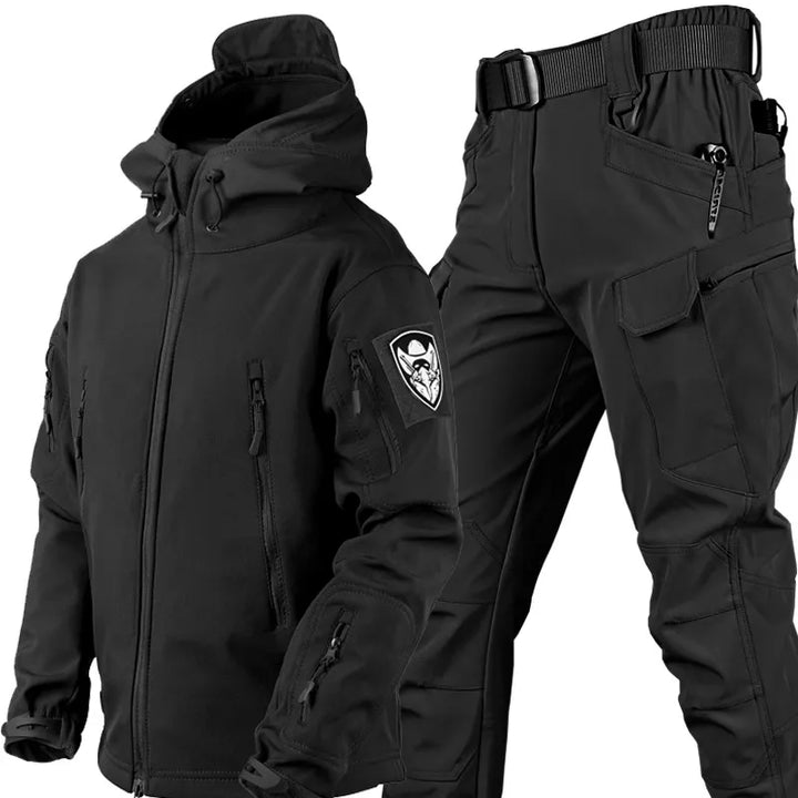 Men's tactical windproof waterproof outdoor set for hiking & adventure. Durable weather-resistant jacket & pants.