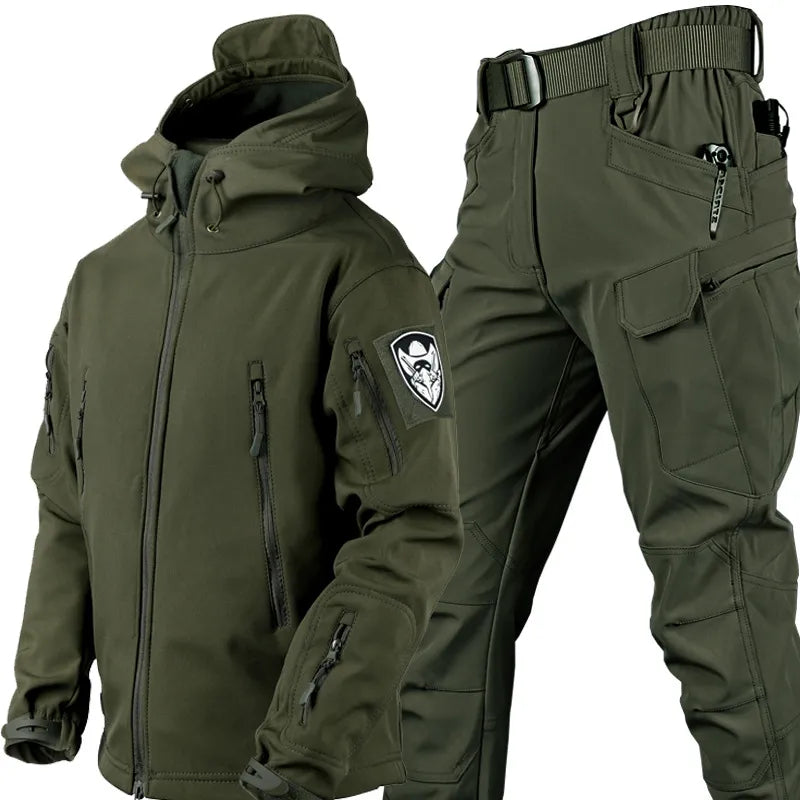 Complete men's tactical outdoor set: windproof waterproof jacket & pants. Ideal activewear for hiking & all weather.