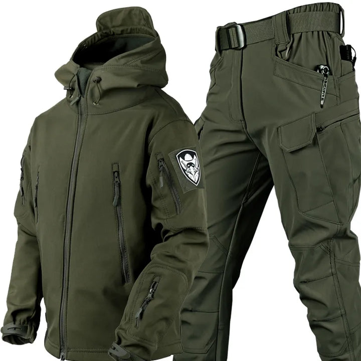 Complete men's tactical outdoor set: windproof waterproof jacket & pants. Ideal activewear for hiking & all weather.