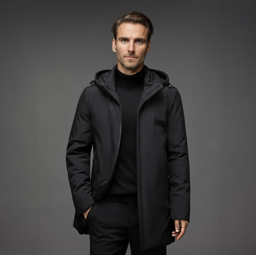 Men's tailored black hooded winter jacket, ideal for urban style & cold weather comfort. Modern outerwear.