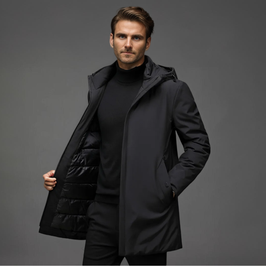 Comfortable men's hooded winter coat in gray, offering tailored warmth for cold weather and casual wear.