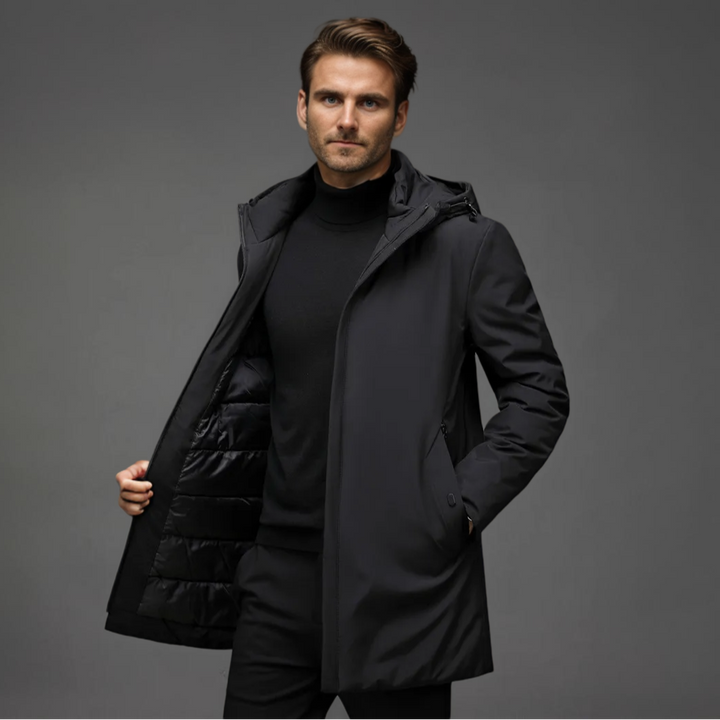 Comfortable men's hooded winter coat in gray, offering tailored warmth for cold weather and casual wear.