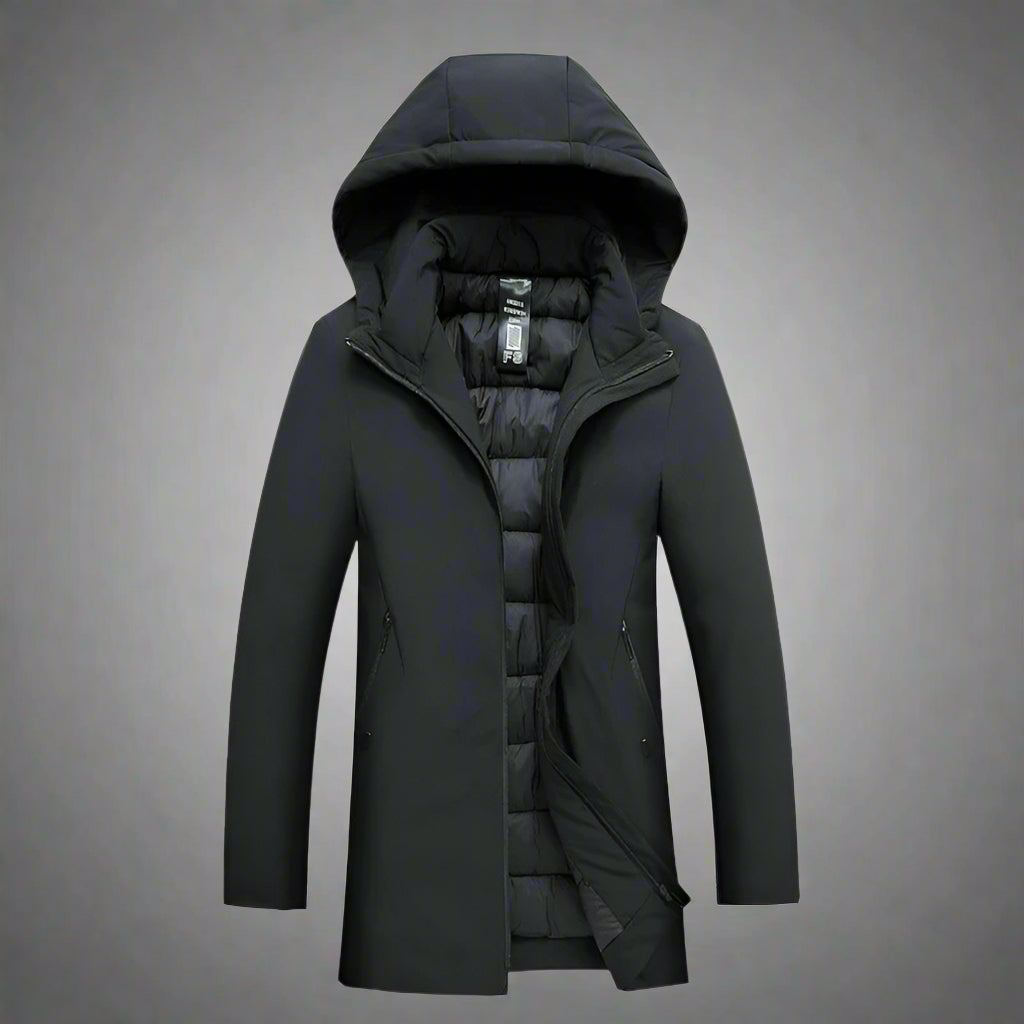 Stylish men's tailored fit winter jacket with hood, perfect modern outerwear for cold weather & urban settings.
