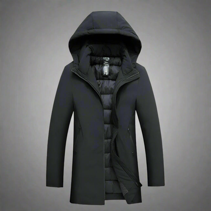 Stylish men's tailored fit winter jacket with hood, perfect modern outerwear for cold weather & urban settings.