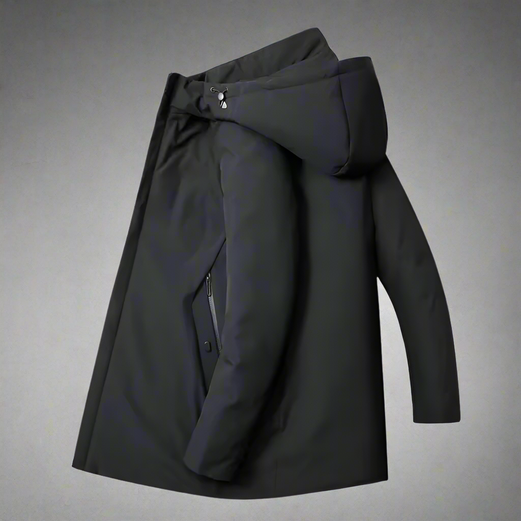 Warm men's winter hooded jacket, a comfortable and stylish outerwear solution for cold weather protection.