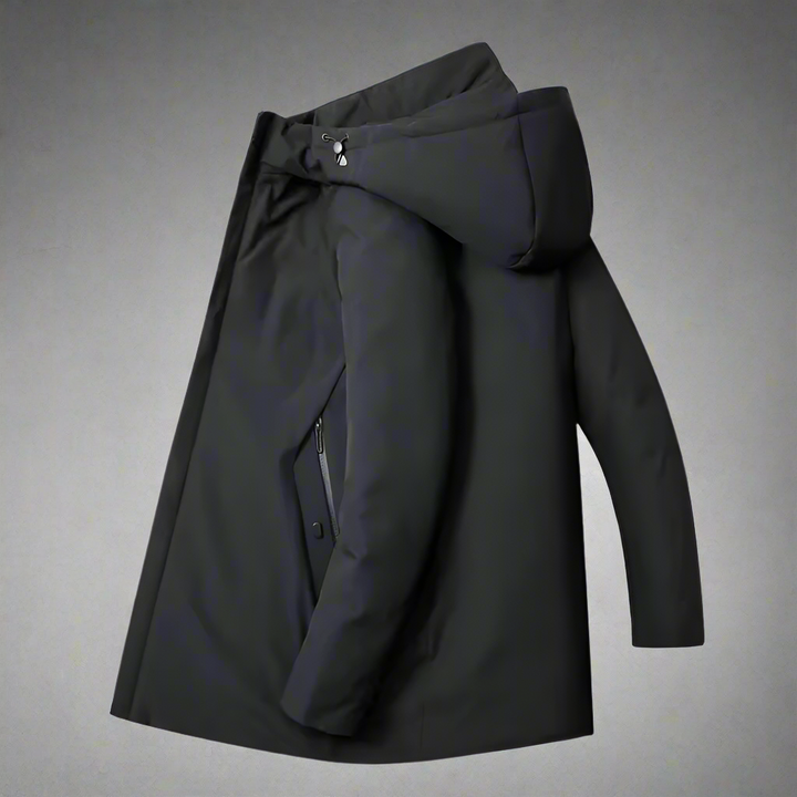 Warm men's winter hooded jacket, a comfortable and stylish outerwear solution for cold weather protection.