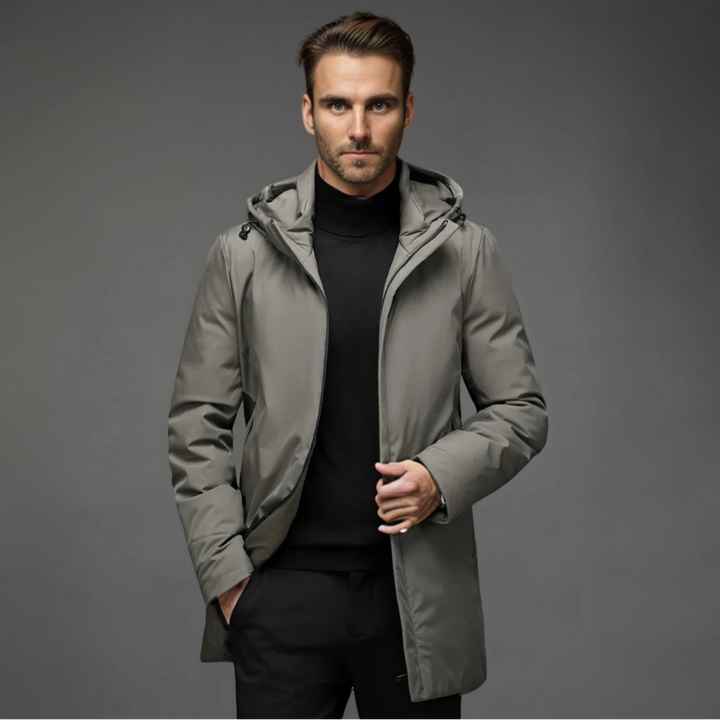 Sleek black men's hooded winter jacket, a modern tailored fit perfect for urban style and warmth.