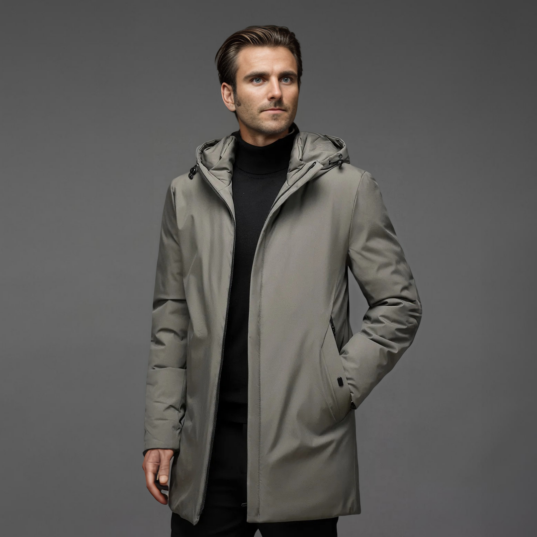 Versatile men's hooded winter coat, providing tailored warmth & comfort for various cold weather occasions.