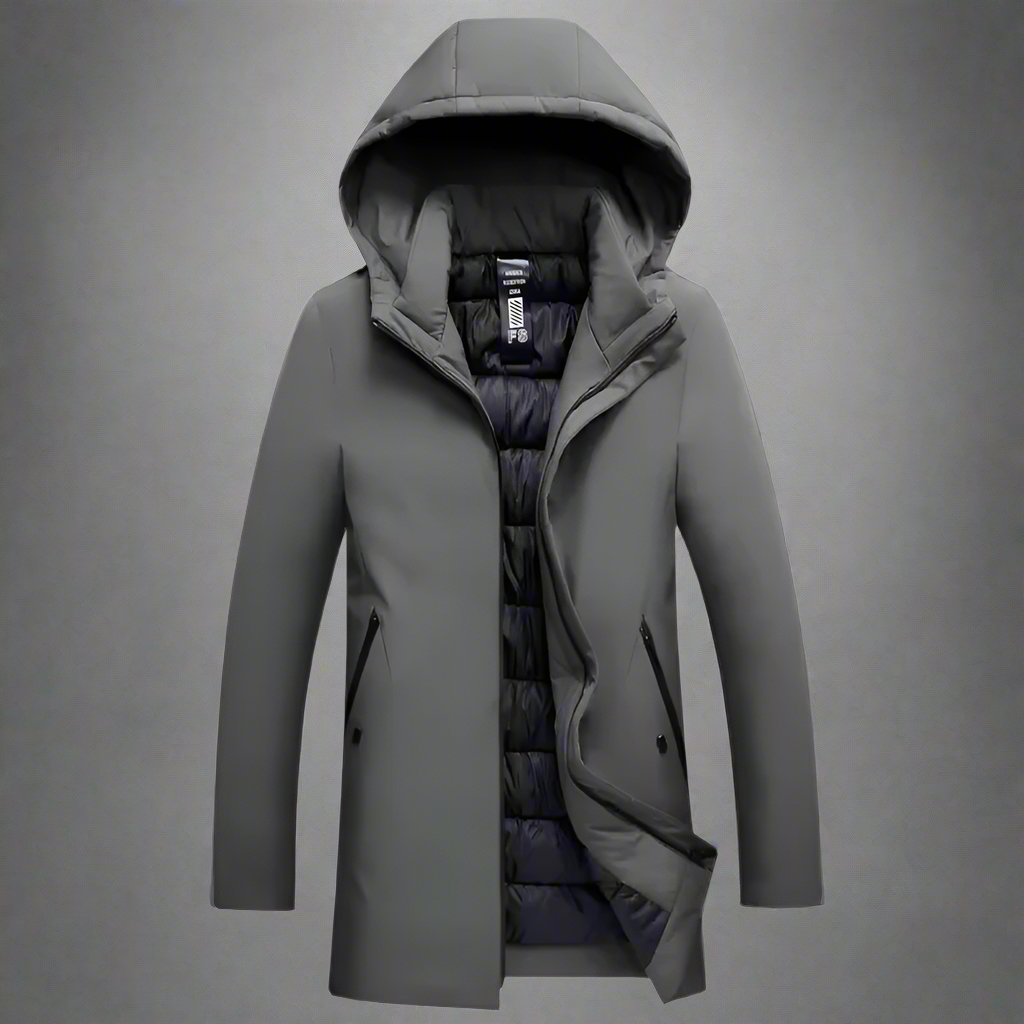 Modern men's tailored fit hooded winter jacket, stylish outerwear designed for warmth and urban flair.