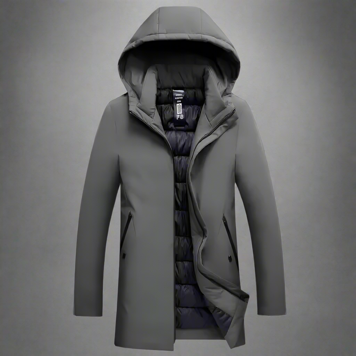 Modern men's tailored fit hooded winter jacket, stylish outerwear designed for warmth and urban flair.