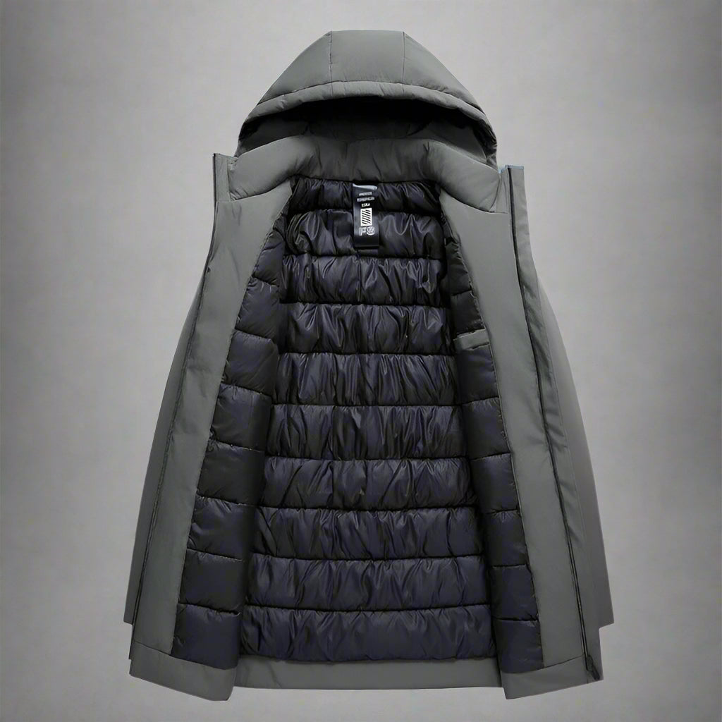 Durable men's hooded winter jacket, tailored for warmth and protection against cold weather, comfortable fit.