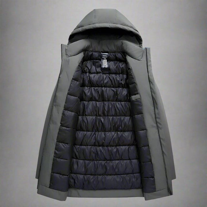 Durable men's hooded winter jacket, tailored for warmth and protection against cold weather, comfortable fit.
