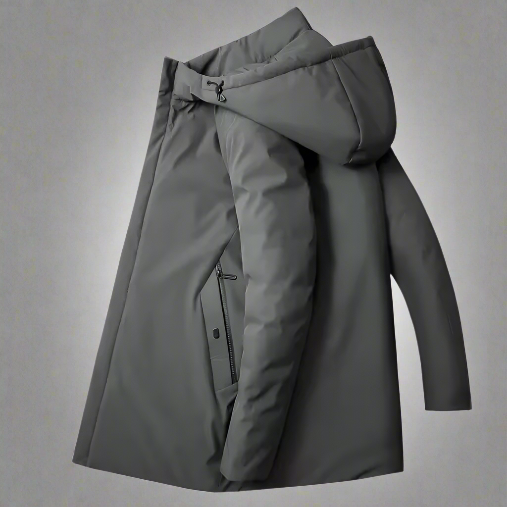 Gray men's tailored hooded winter jacket, offering stylish warmth and comfort for cold weather outerwear.