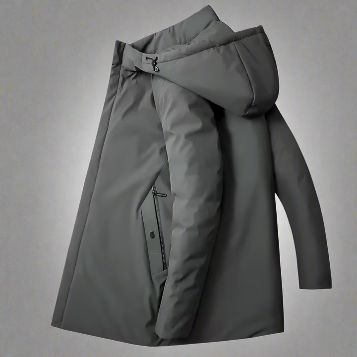 Gray men's tailored hooded winter jacket, offering stylish warmth and comfort for cold weather outerwear.