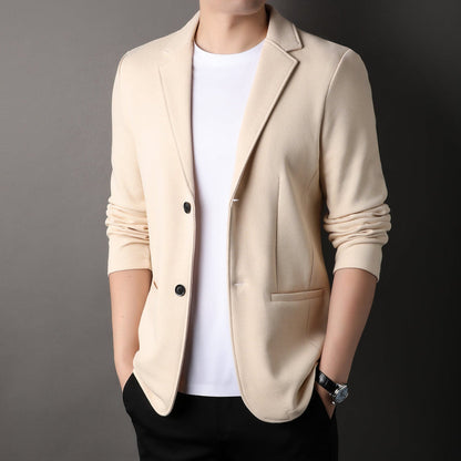 Classic beige men's tailored blazer jacket, versatile for men's fashion and business casual looks.