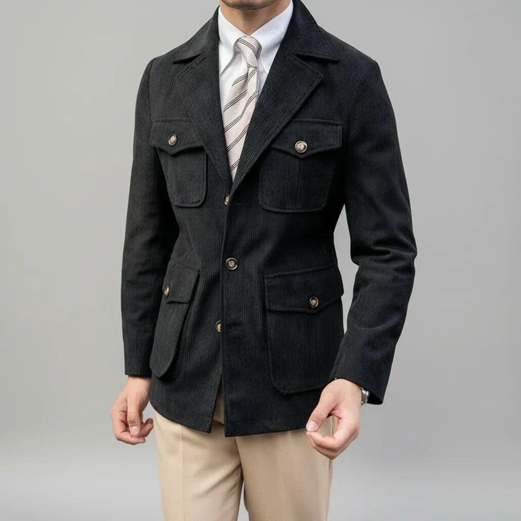 Men's tailored blazer, sophisticated & versatile. Features elegant gold-tone buttons for a stylish, modern look.