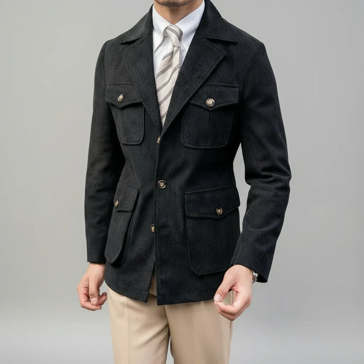 Men's tailored blazer, sophisticated & versatile. Features elegant gold-tone buttons for a stylish, modern look.