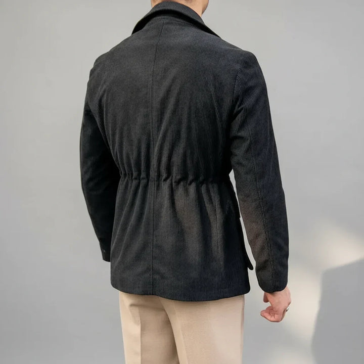 Stylish men's tailored jacket with gold buttons, perfect for business casual, formal wear, or smart evening events.