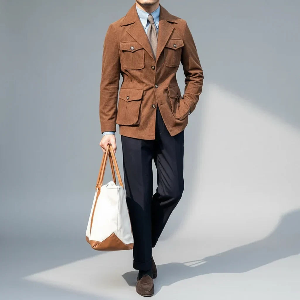 Refined men's tailored blazer jacket, a key piece for men's fashion. Adorned with striking gold-tone buttons.