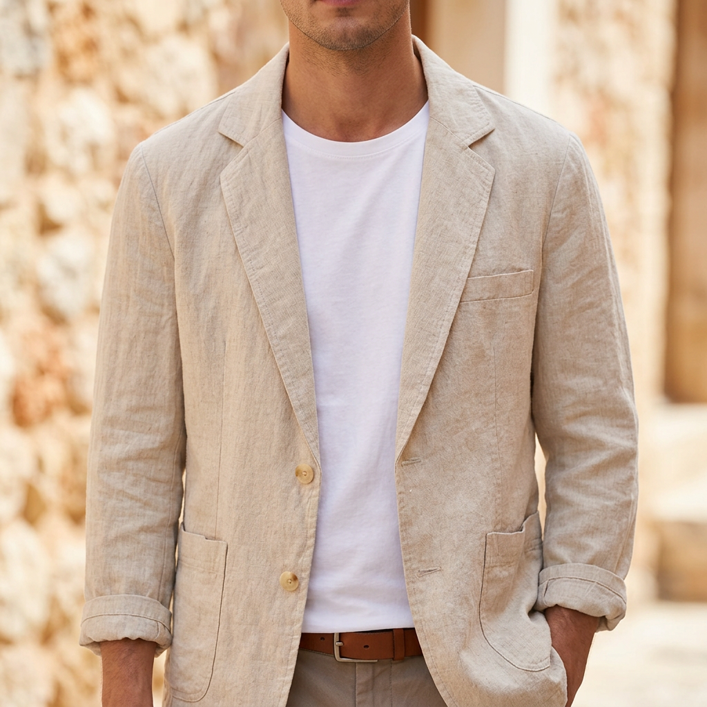 Men's tailored blazer, sophisticated & versatile for smart casual or formal events. Perfect for spring/summer fashion.