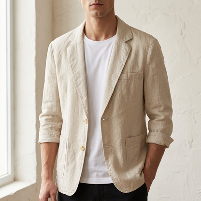 Lightweight men's tailored blazer in a versatile style, ideal for summer fashion & everyday elegance. Button closure.