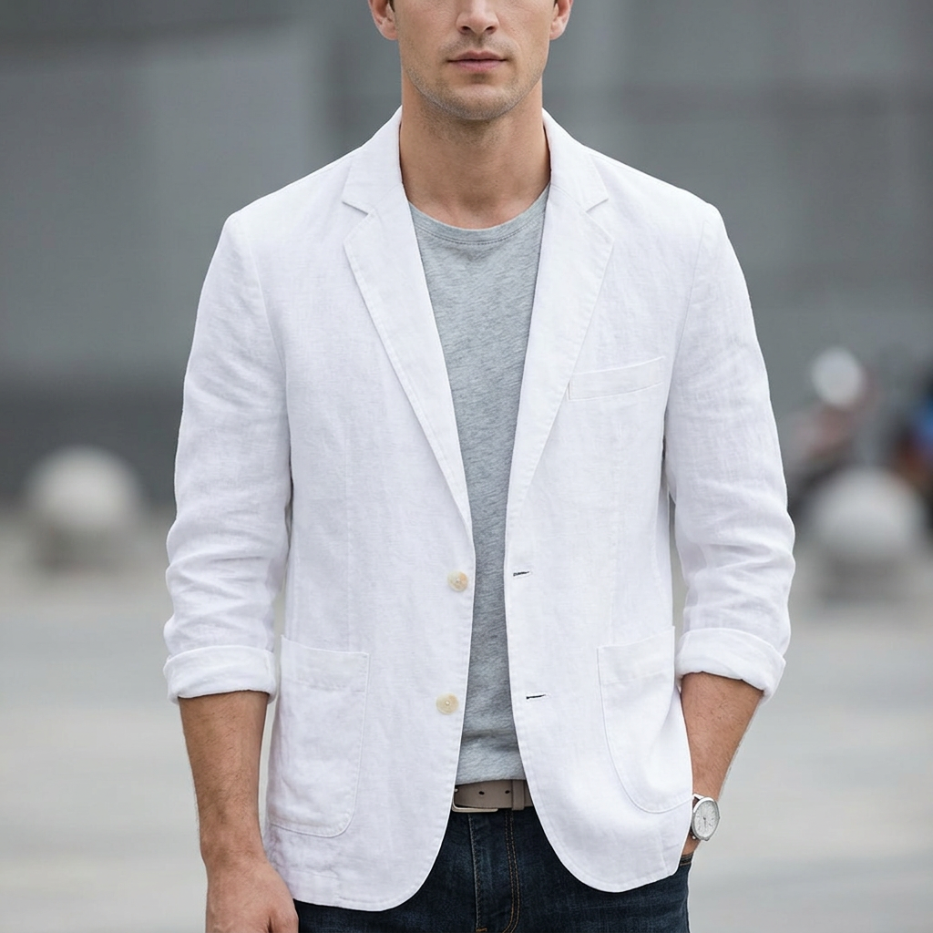Classic men's tailored button blazer, offering effortless sophistication for any occasion. Smart casual menswear.