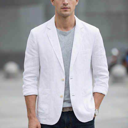 Classic men's tailored button blazer, offering effortless sophistication for any occasion. Smart casual menswear.