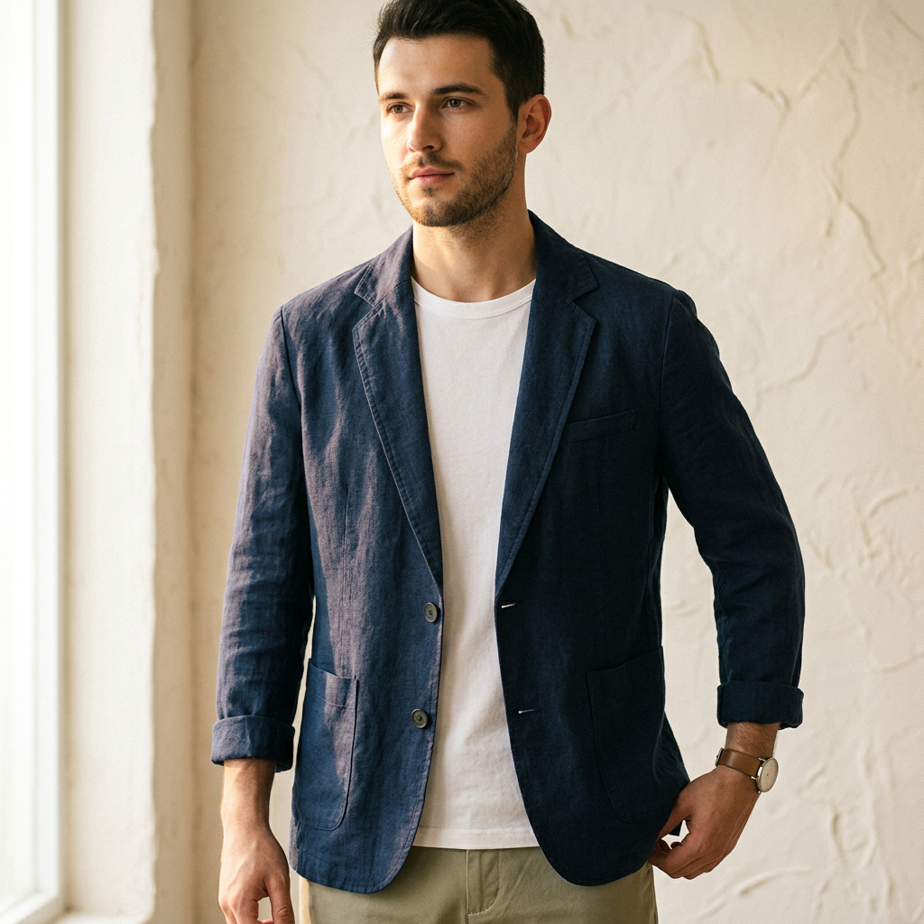 Elegant men's tailored blazer, a lightweight button jacket for versatile spring/summer fashion & menswear. Sophisticated.