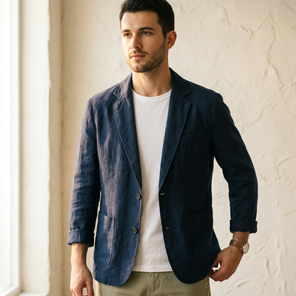Elegant men's tailored blazer, a lightweight button jacket for versatile spring/summer fashion & menswear. Sophisticated.