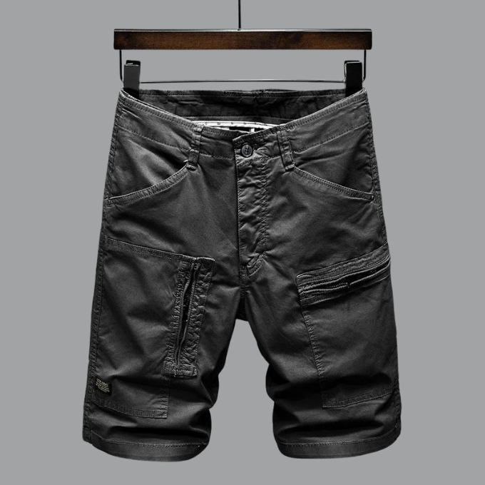 Modern men's tailored cargo shorts, ideal for versatile summer fashion. Offering comfort and utility pockets.