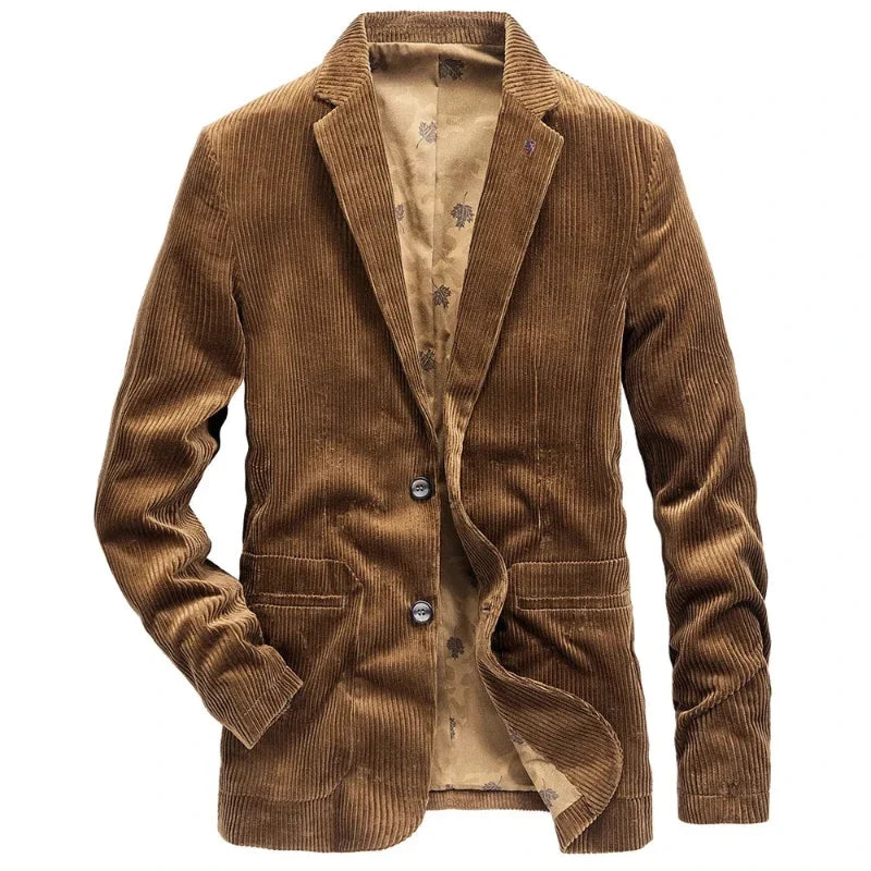 Front view of a men's tailored casual jacket. Modern, stylish outerwear for everyday fashion. Blue color.