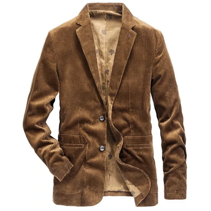 Front view of a men's tailored casual jacket. Modern, stylish outerwear for everyday fashion. Blue color.