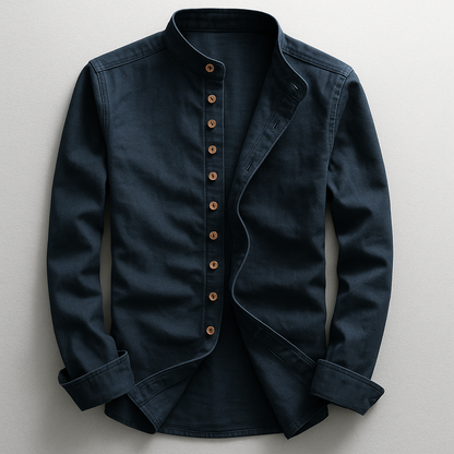 Men's tailored comfort shirt with a Japanese stand collar, versatile for smart casual or elegant summer fashion.