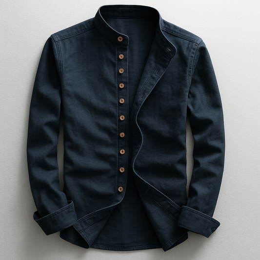 Men's tailored comfort shirt with a Japanese stand collar, versatile for smart casual or elegant summer fashion.