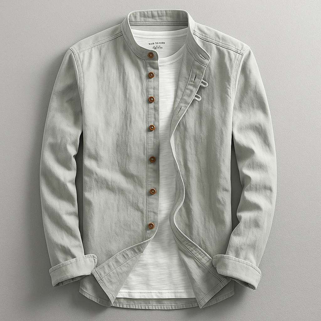 Modern men's tailored comfort shirt, button-up, with a distinctive Japanese stand collar for a refined look.