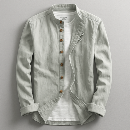 Modern men's tailored comfort shirt, button-up, with a distinctive Japanese stand collar for a refined look.