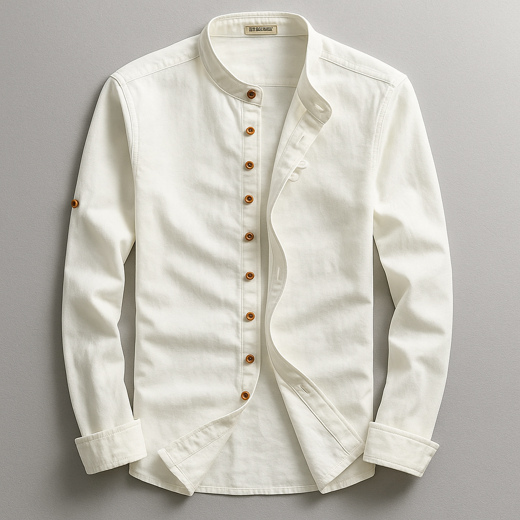 Stylish men's Japanese inspired tailored comfort shirt with a stand collar for a modern, refined look.